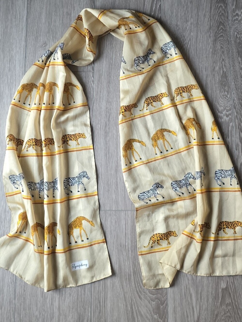 Symphony Safari Animal Print Scarf 60x15 Giraffe Zebra Cheetah Cream Gold